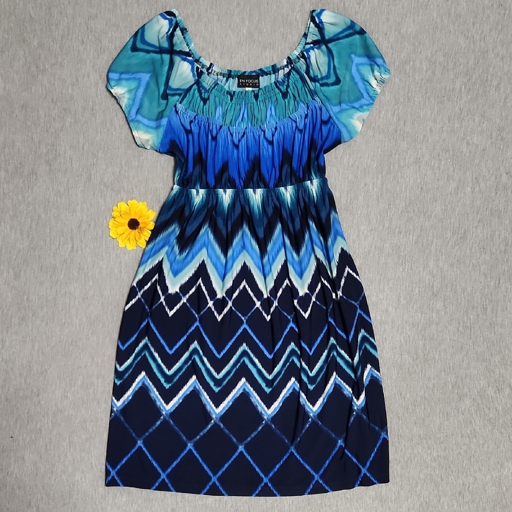 Y2K EN FOCUS Studio Watercolor Chevron Print Puff Sleeve A-Line Mini Midi Dress